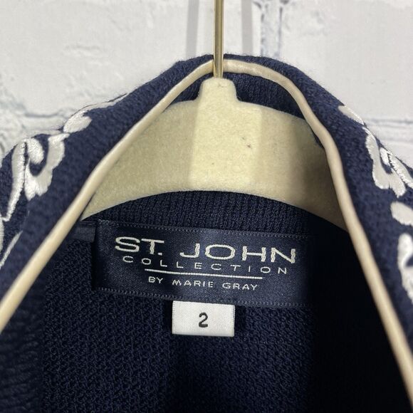 St John Navy Zip Up Jacket Size 2 XS Embroidered Collar Preppy Evening Office - Picture 5 of 12